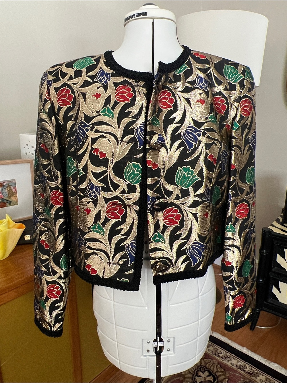 Talbots Black Metallic Floral Cropped Blazer with Gold, Red & Green